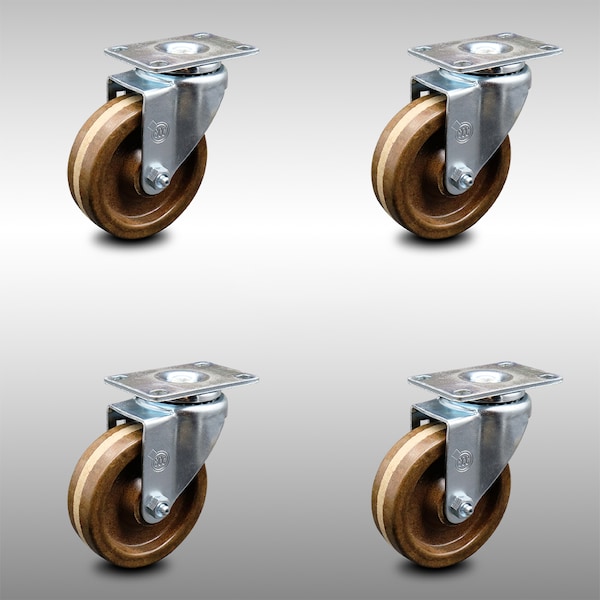 4 Inch SS High Temp Phenolic Wheel Swivel Top Plate Caster Set
